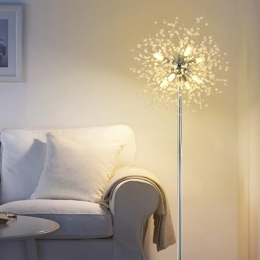 Bedroom Crystal Floor Lamp,,69 Inch High Pole Lamp,Modern Room Decorative Floor Lamp,Includes 32 Fireworks Crystal Suspenders, Chrome Finish Unavailable Platforms- Welfel